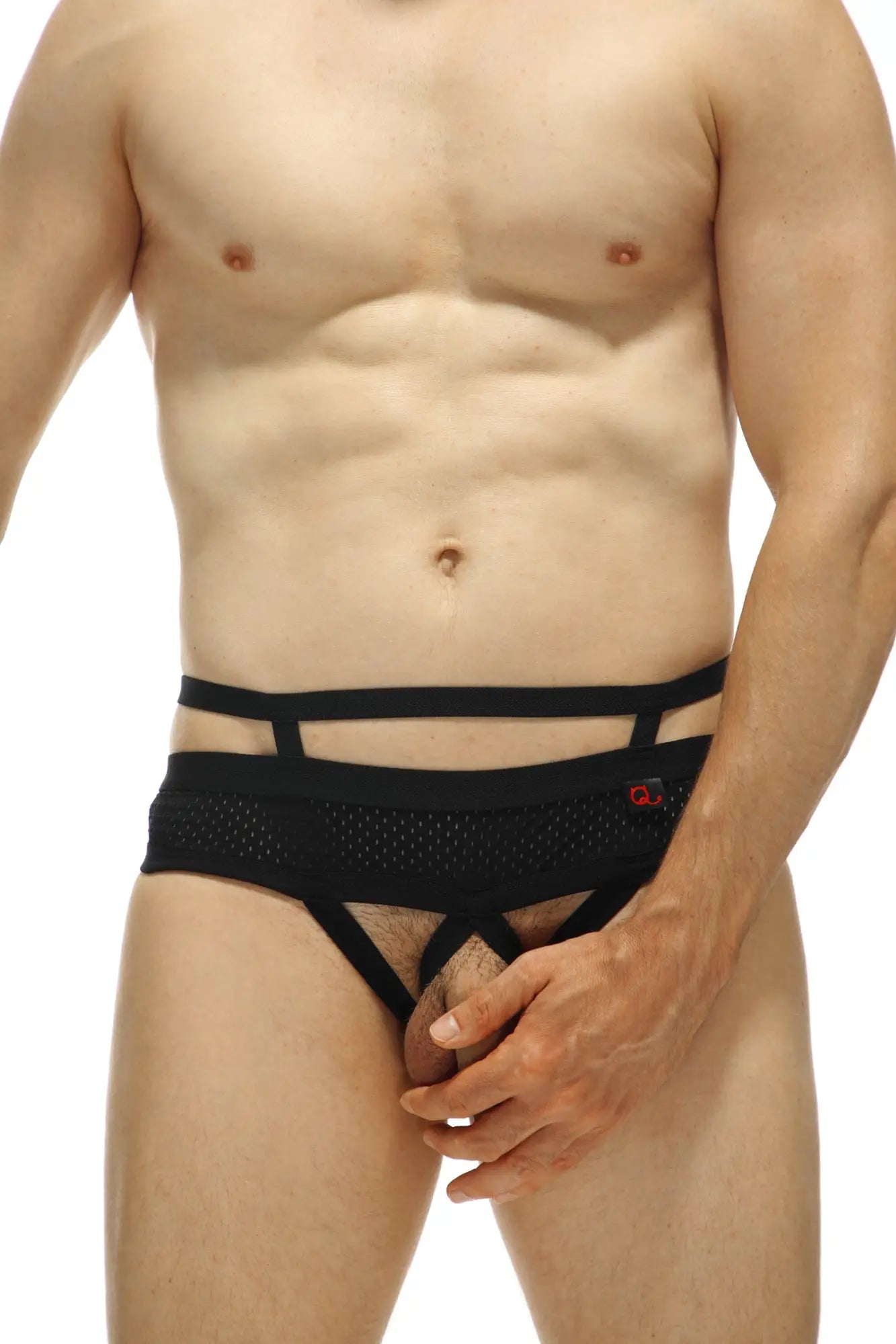 Black mesh and elasticated men’s briefs with cut-out design from thong celon bee black collection front view