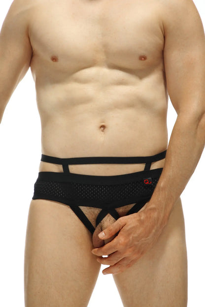 Black mesh and elasticated men’s briefs with cut-out design from thong celon bee black collection front view