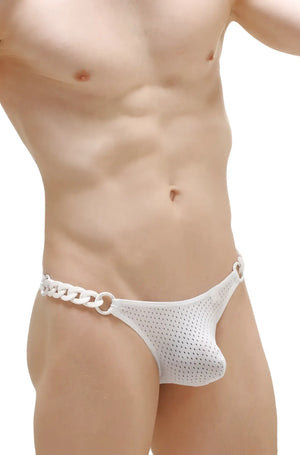 White mesh thong with chunky chain belt detail shown from the back in thong chains bee white design
