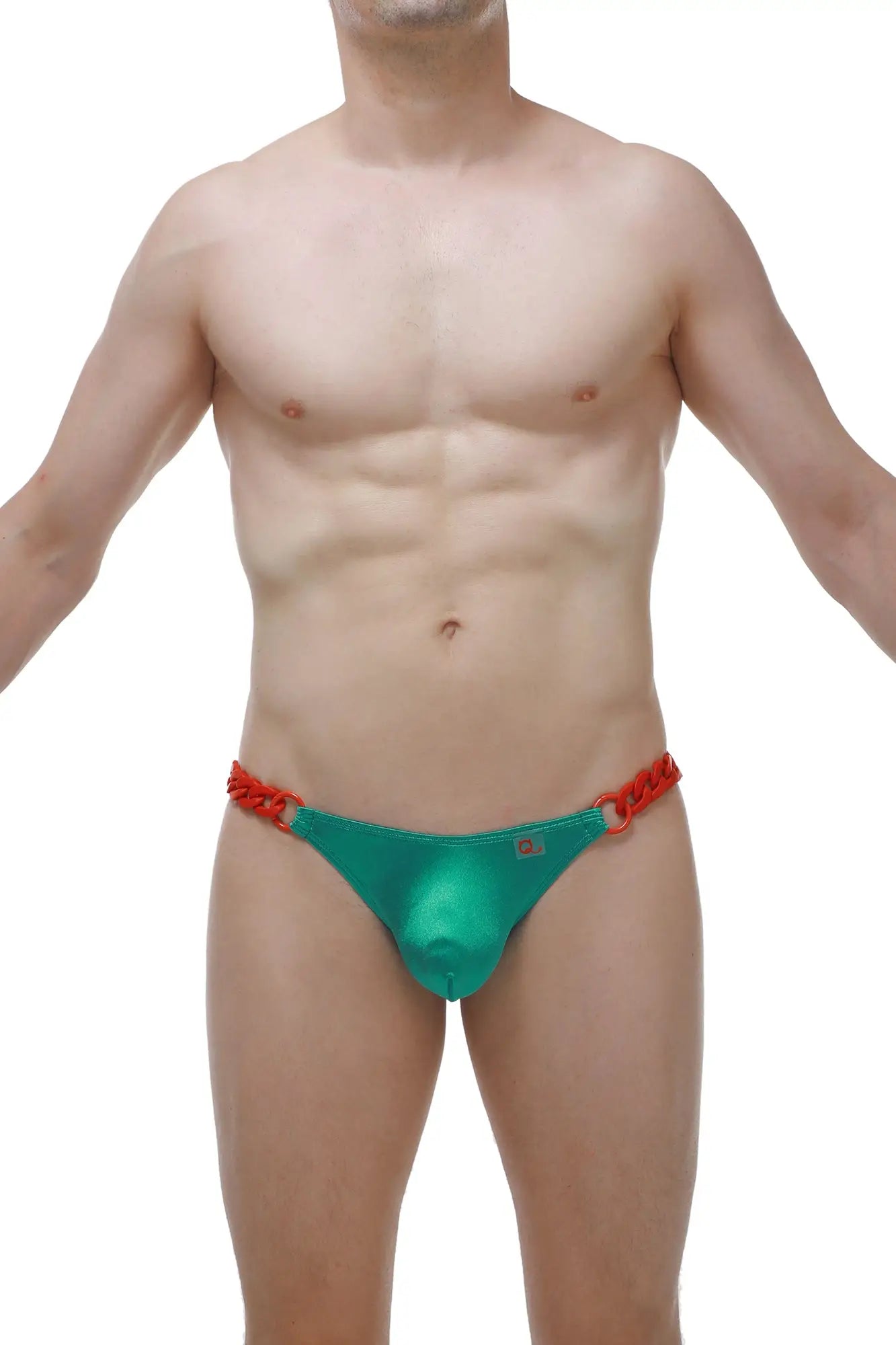 Teal-green satin thong with red braided chain detailing at the waistband shown from the back side