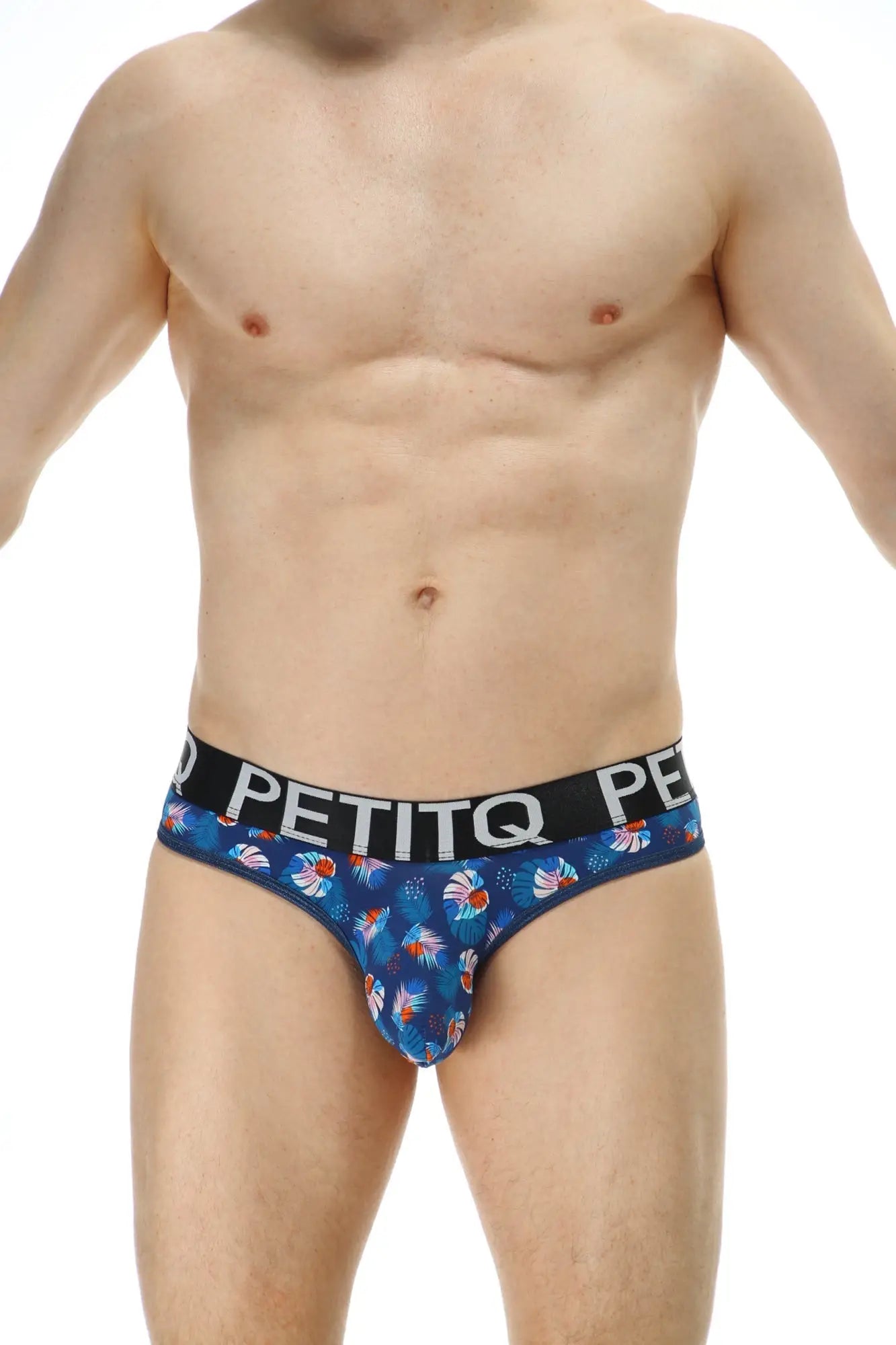 Blue floral-patterned men’s briefs with black petitq waistband in thong chill méditerranée arteou style