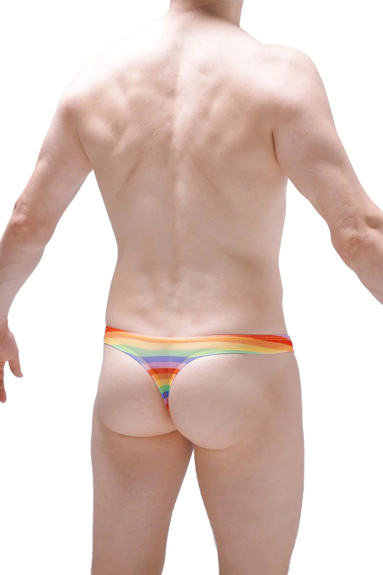 Thong chill net rainbow rainbow-striped thong with snug form-fitting design and vibrant colors shown from the back side