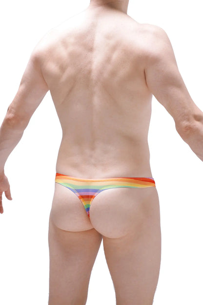 Thong chill net rainbow rainbow-striped thong with snug form-fitting design and vibrant colors shown from the back side