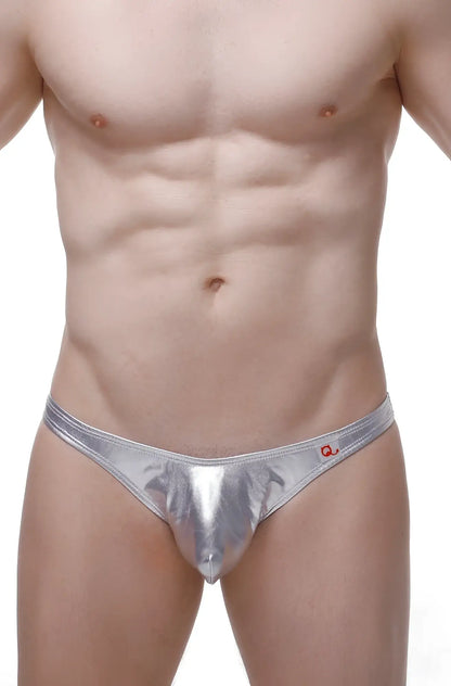 Silver metallic briefs with shiny reflective finish and small red logo on waistband called thong chill silver