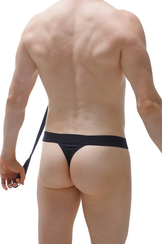 Black thong doggy style with thin adjustable strap showing back side for comfortable fit and sleek design