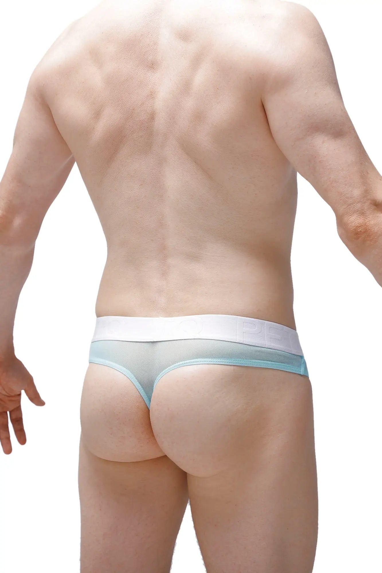 Light blue sheer mesh thong with white elastic waistband shown from the back in thong dolmen net green product
