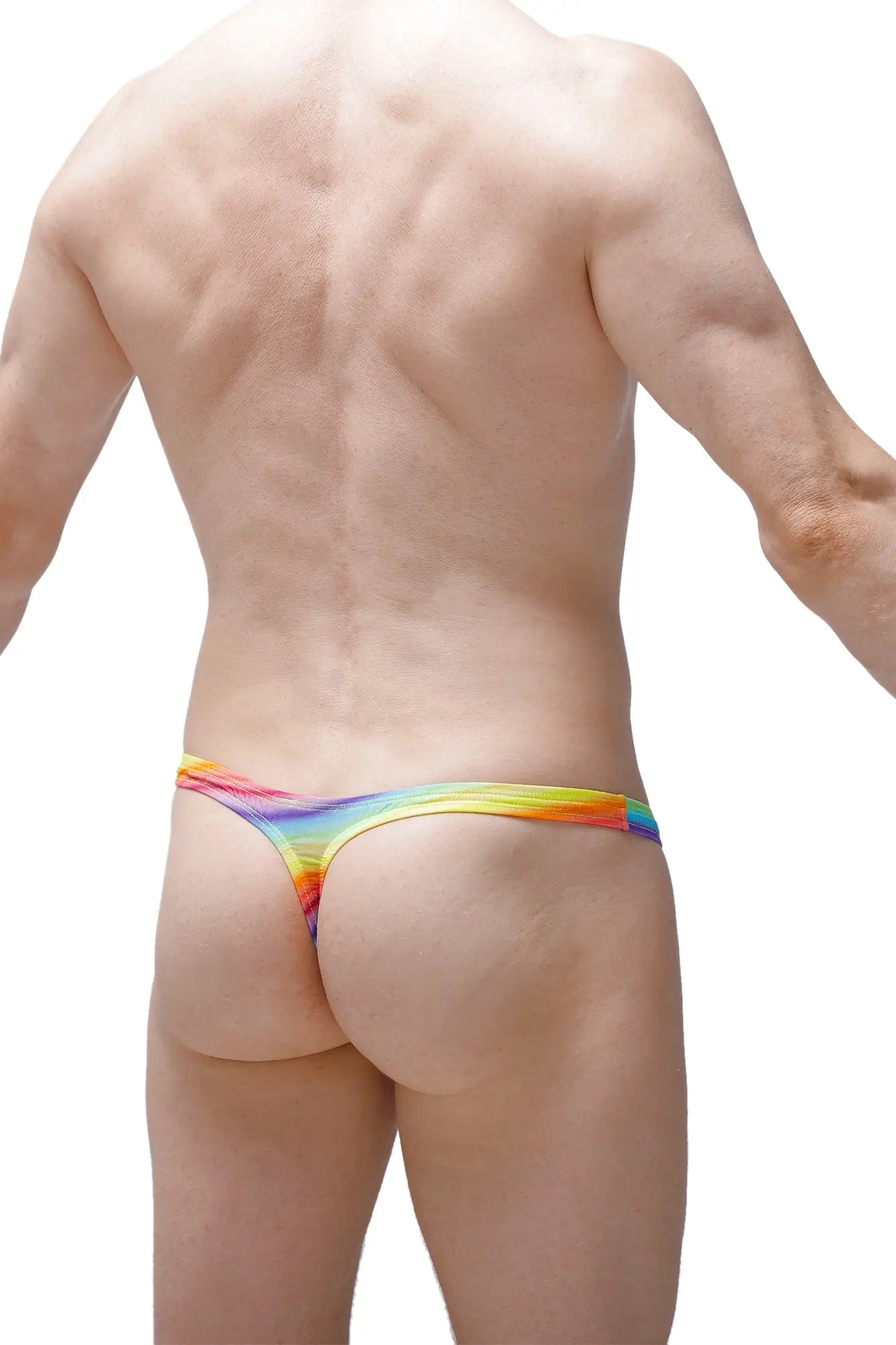 Rainbow-colored stretchy fabric thong with vibrant gradient design shown from the back in thong dome Andiol style