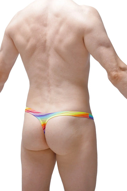 Rainbow-colored stretchy fabric thong with vibrant gradient design shown from the back in thong dome Andiol style