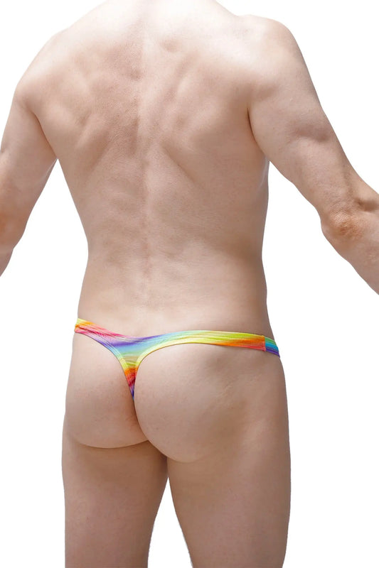 Rainbow-colored stretchy fabric thong with vibrant gradient design shown from the back in thong dome Andiol style