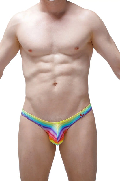 Thong dome Andiol rainbow-colored stretchy fabric briefs with vibrant gradient design and small logo on the side