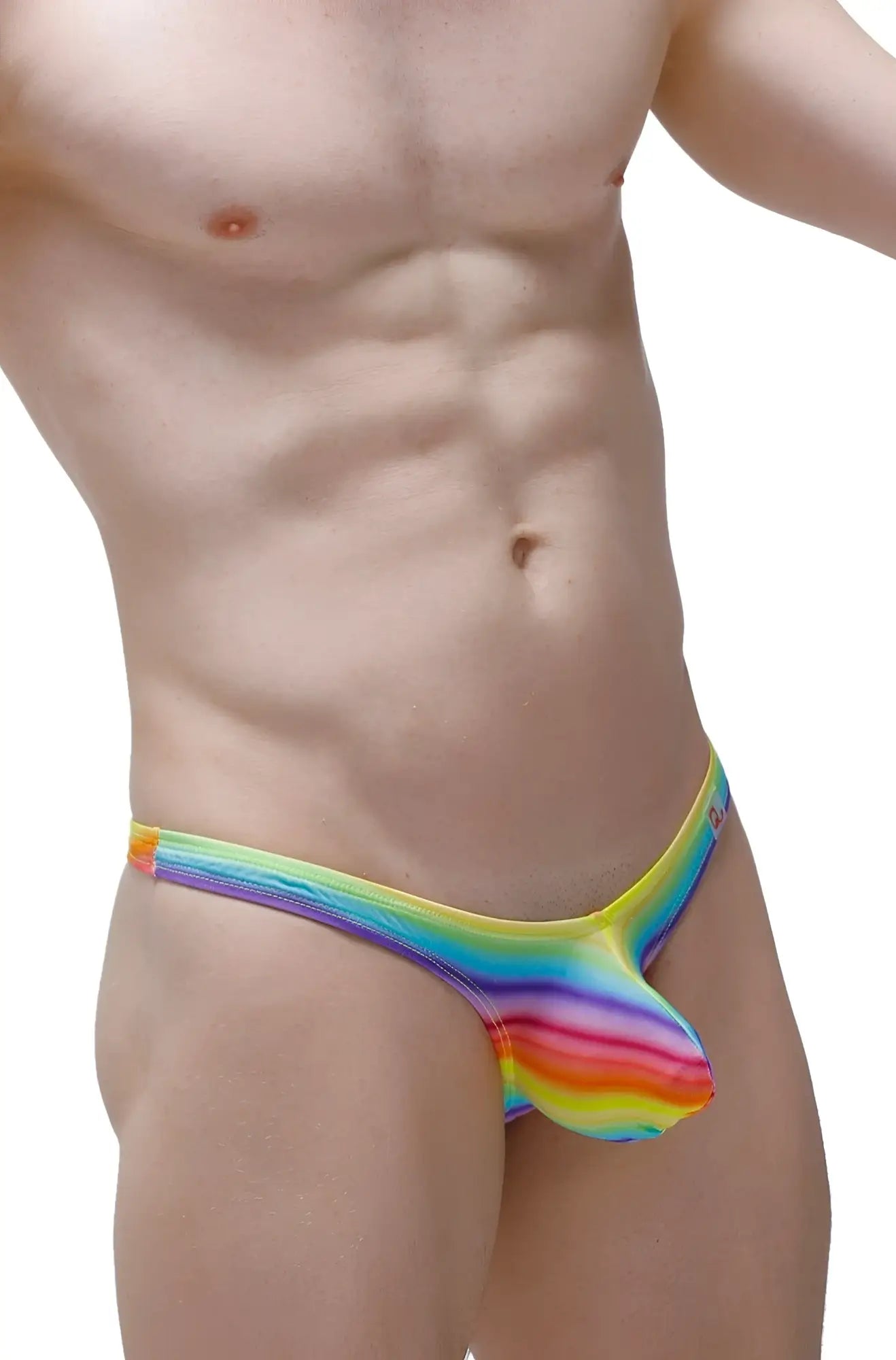 Rainbow-striped men’s thong dome andiol in glossy stretchy fabric showing front side of the underwear