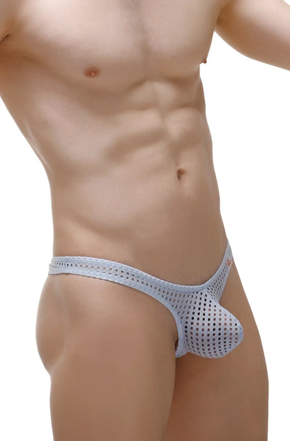 Light blue mesh thong briefs with a perforated design and small red logo on the side in thon dome durtol sky blue