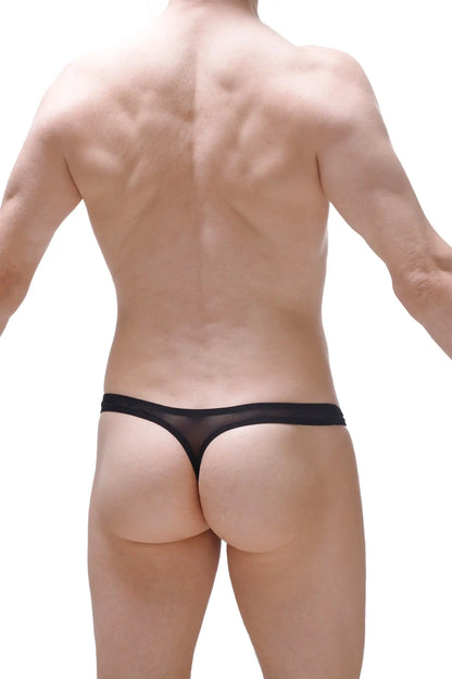 Black sheer mesh thong with solid black waistband showing front for thong dome net black product