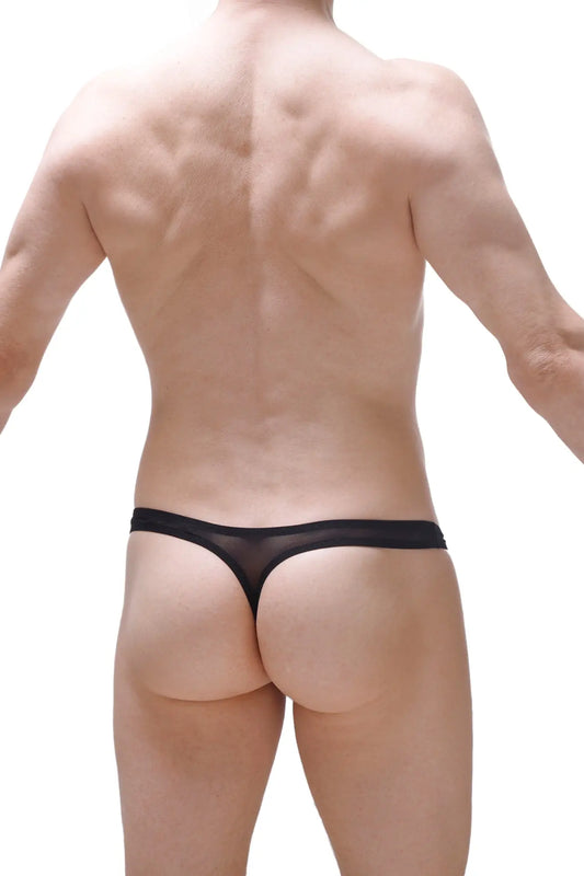 Black sheer mesh thong with solid black waistband showing front for thong dome net black product