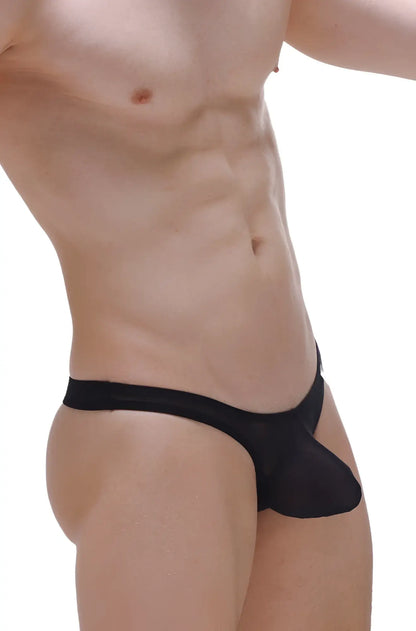 Black sheer mesh thong with solid waistband showcasing the front for thong dome net black product