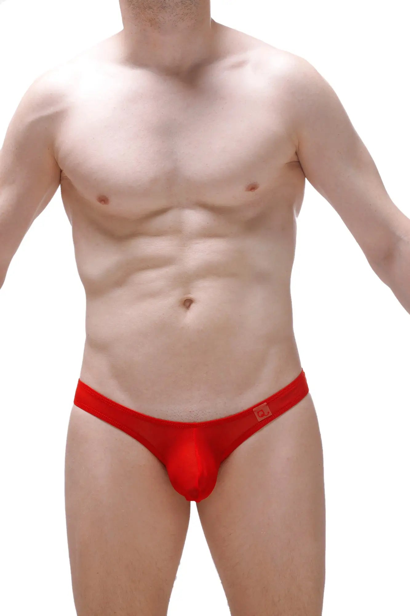 Red thong dome net men’s briefs with smooth stretchy fabric and small logo on the waistband