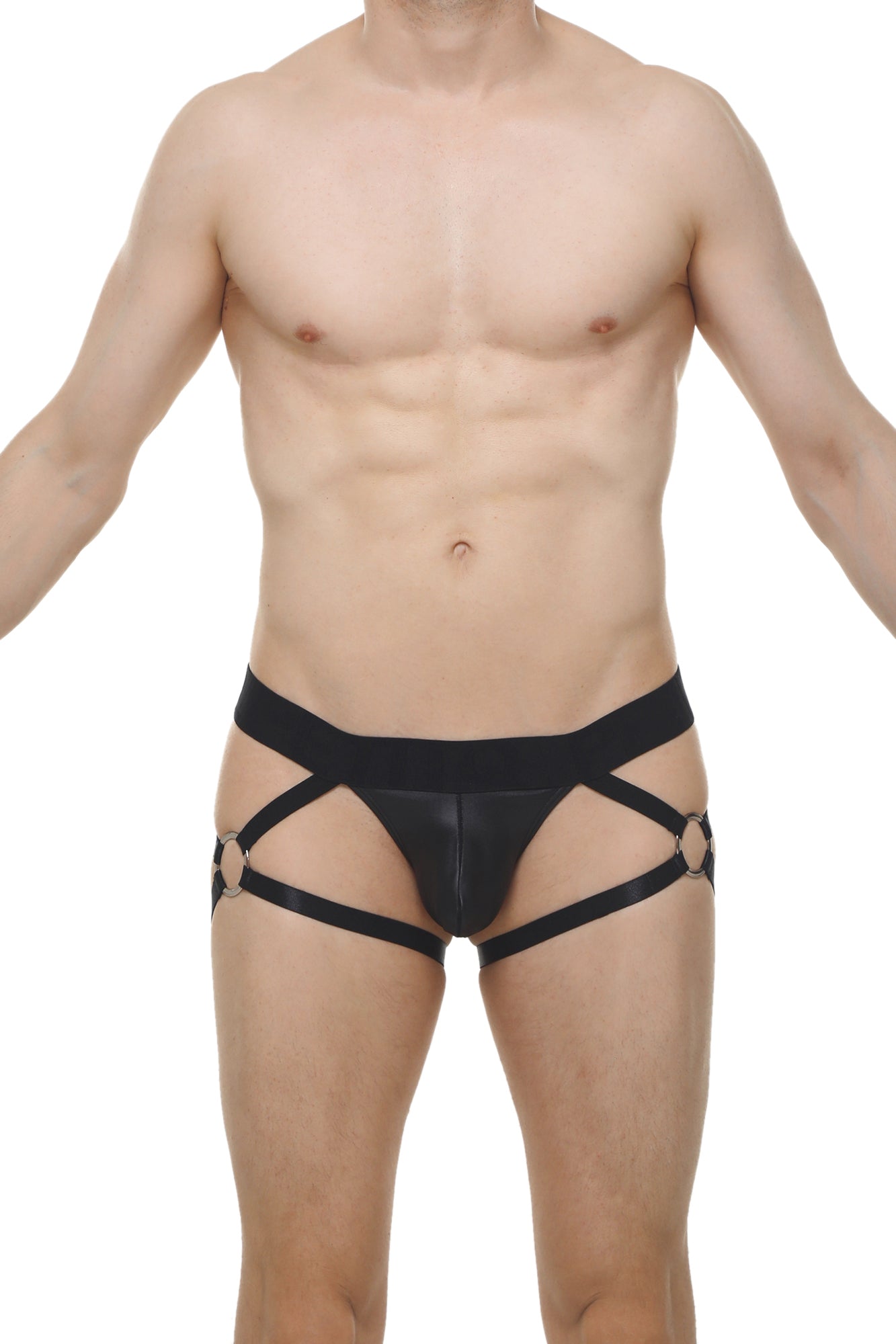 Black leather-like strappy harness briefs with metallic rings at leg openings from thong fleac black collection