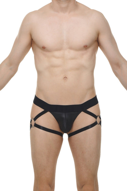 Black leather-like strappy harness briefs with metallic rings at leg openings from thong fleac black collection
