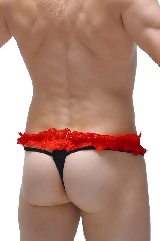 Black thong fremir featuring red lace trim and delicate fabric for stylish lingerie wear