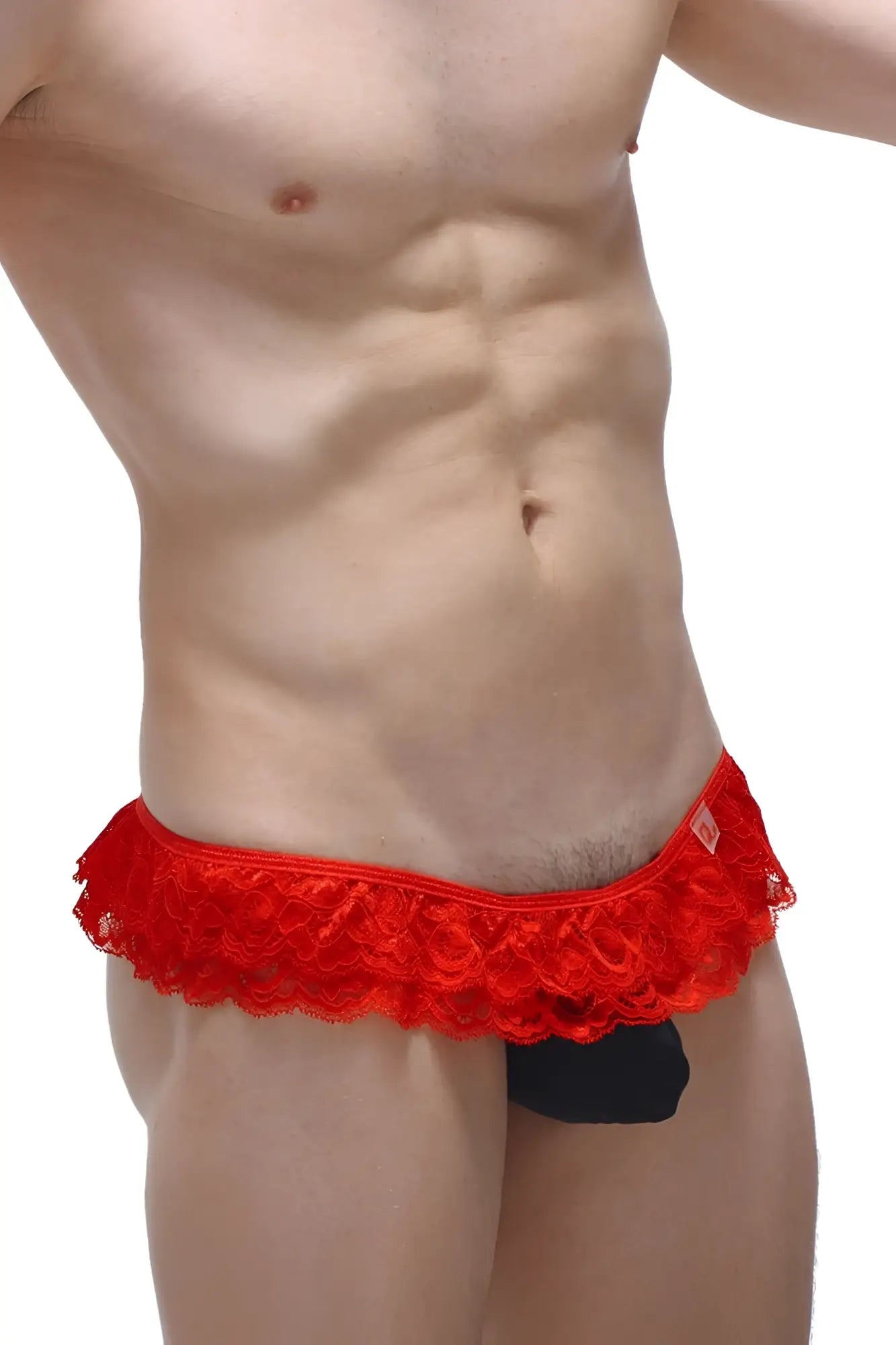 Red lace thong frou-frou black with scalloped edge and black inner lining showing front side design