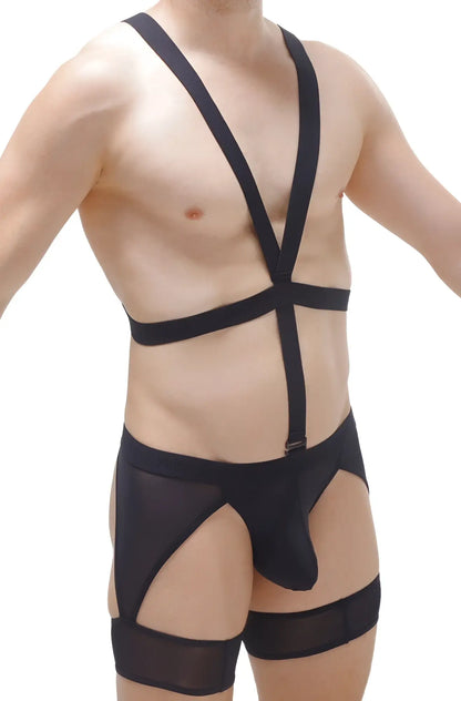 Black mesh thong harness mece lingerie with adjustable straps and central front panel for a bold look