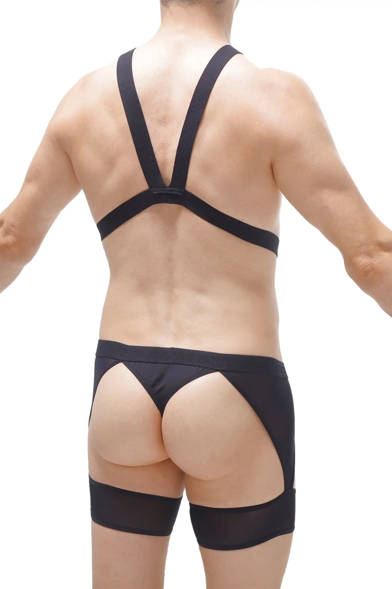 Thong harness Mece black satin briefs with wide supportive straps and sheer mesh side panels