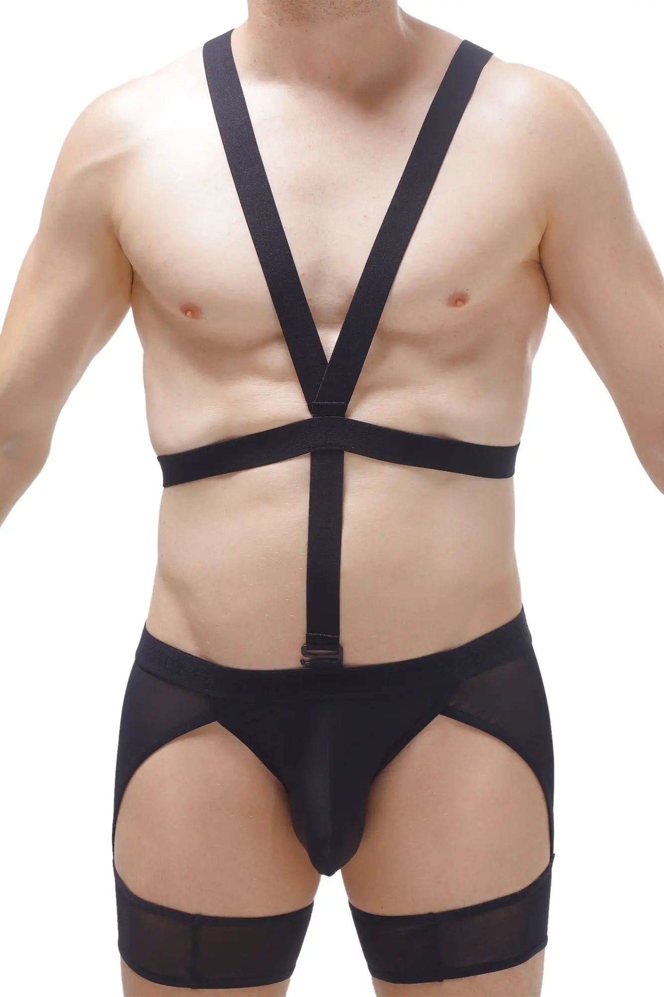 Black harness style bodysuit with mesh panels and adjustable straps thong harness mece black front view