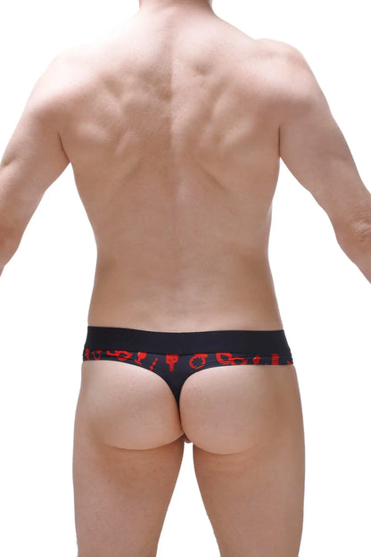 Black thong with red symbolic waistband patterns featuring a hole cockring for boudoir use back view