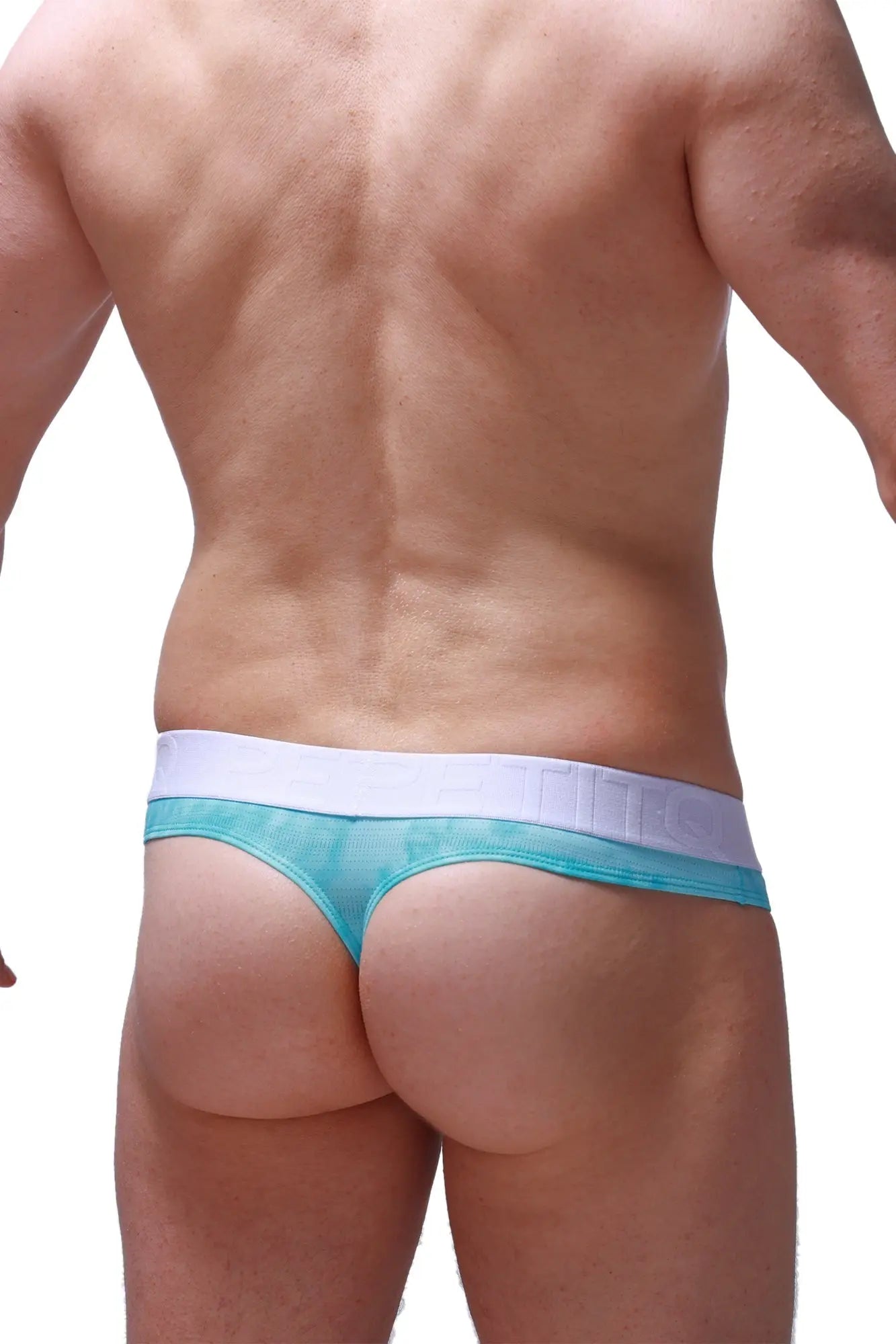 Teal and white mesh thong hole cockring with a wide waistband shown from the back in marbre green style