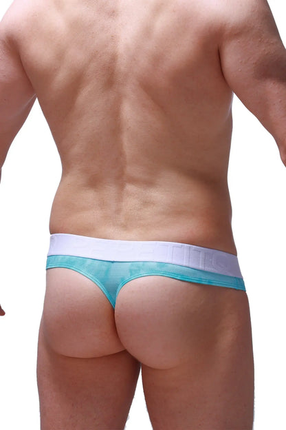 Teal and white mesh thong hole cockring with a wide waistband shown from the back in marbre green style