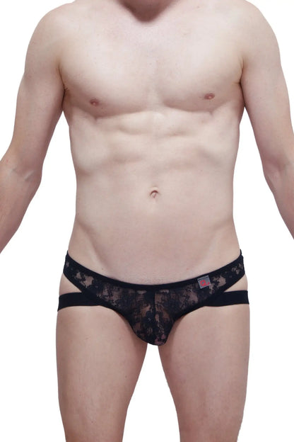 Black lace thong jockstrap with sheer patterned lace and solid black waistband shown from the back side