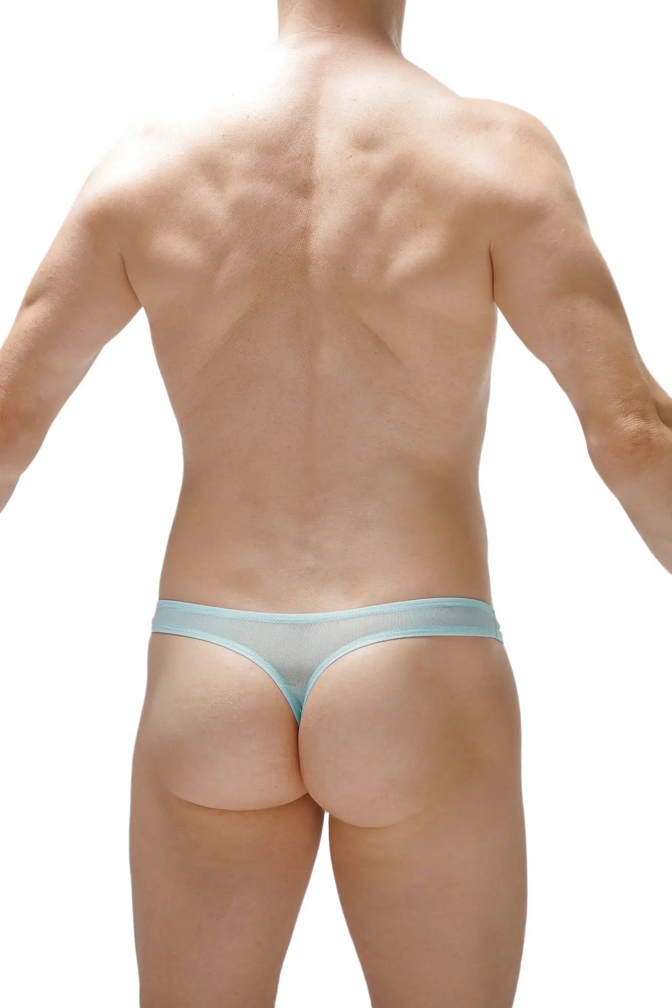 Light blue sheer mesh thong featuring a lasso cockring design in teal for intimate wear