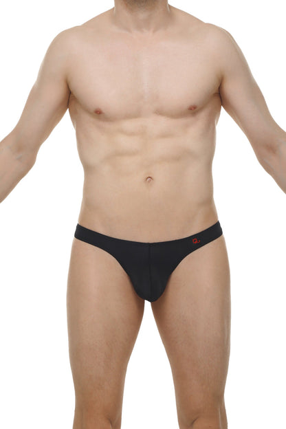 Black men’s briefs with subtle red logo on waistband featuring thong lasso cockring plum black design