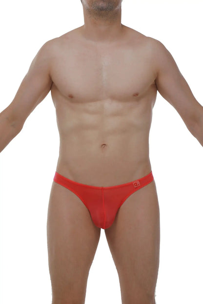 Red form-fitting men’s briefs with a subtle logo waistband from the thong lasso cockring plum crimson collection