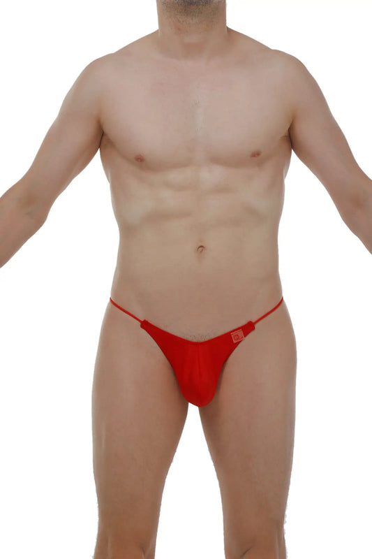 Red men’s thong lolif joe featuring thin straps and a small square logo on the side