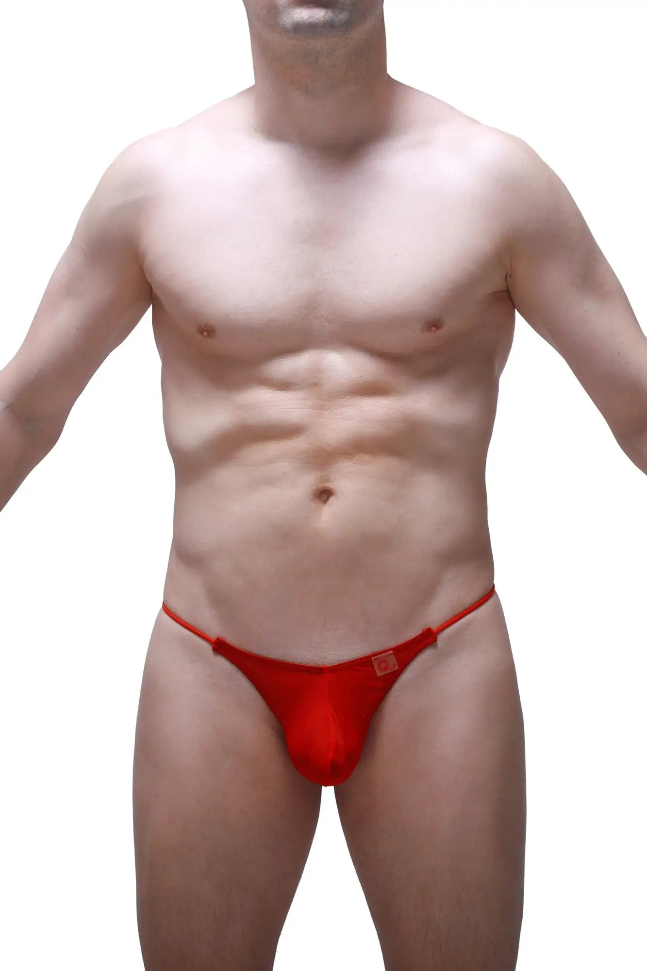 Red form-fitting thong lolif net red with small square logo on the sideband shown from the back side