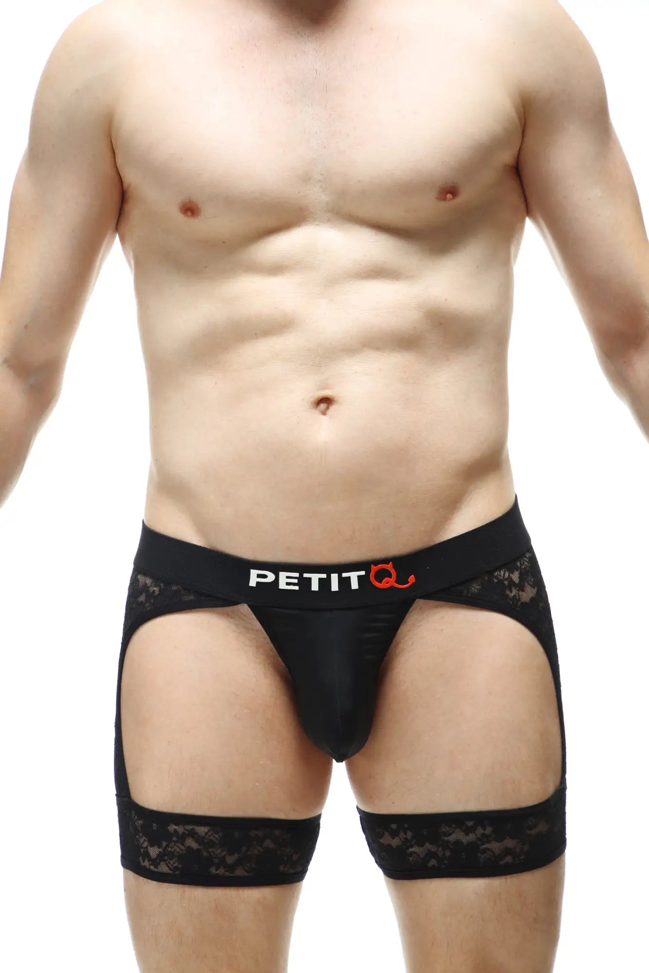 Black lace-trimmed men’s briefs thong maiserey lace black with branded petitq waistband shown from the back