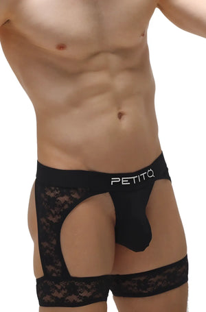 Black lace-trimmed mens briefs thong maiserey lace black with solid black front and petitq logo on the waistband