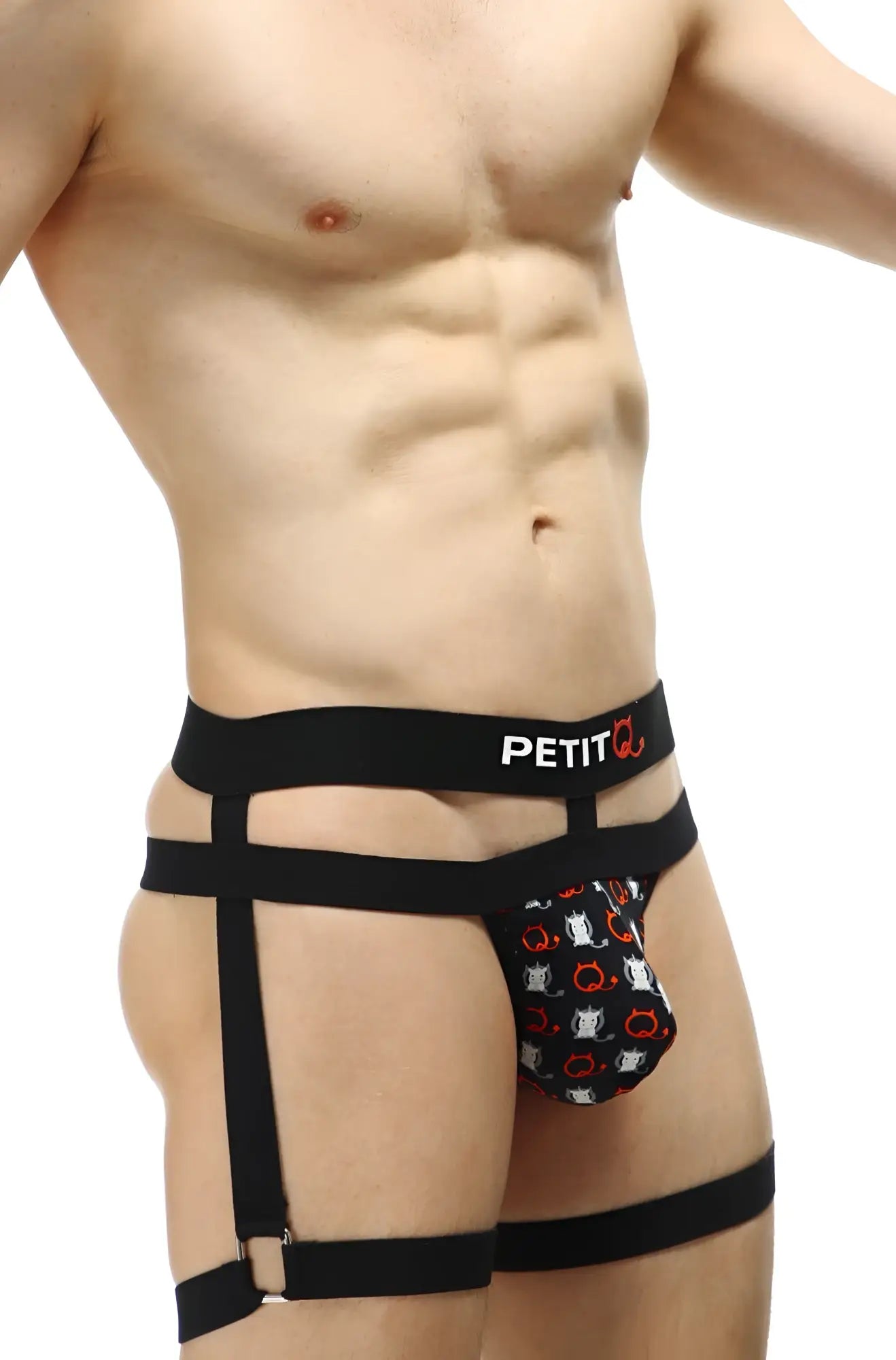 Black harness-style thong maizey millesime briefs with red white cat face pattern and petitq branding on pouch