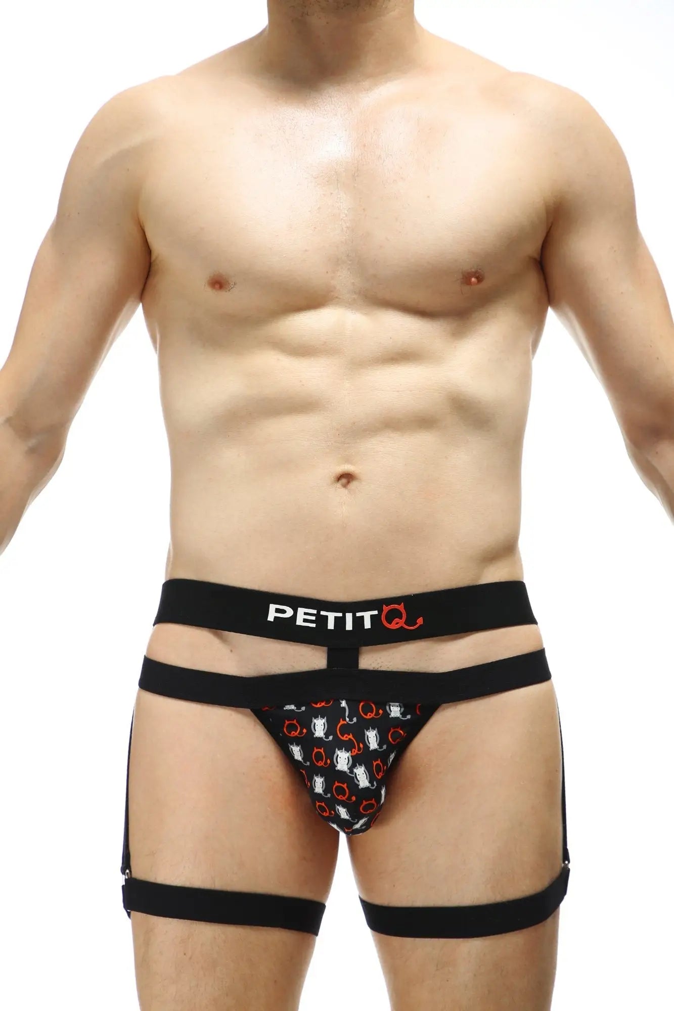 Black petitq men’s thong maizey millesime briefs with red and white cat silhouettes pattern on front side