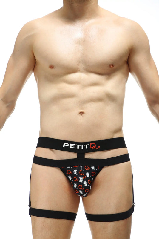 Black petitq men’s thong maizey millesime briefs with red and white cat silhouettes pattern on front side