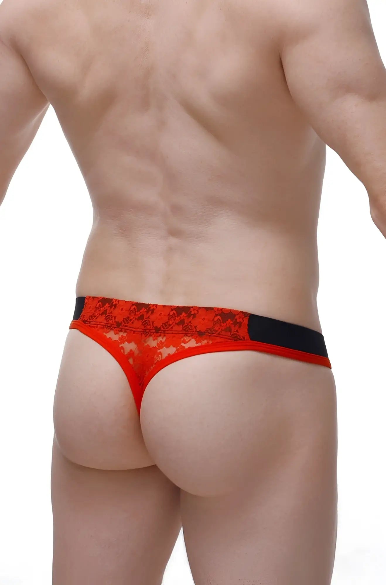 Red lace thong with black trim featuring delicate lace material in vibrant red for intimate wear