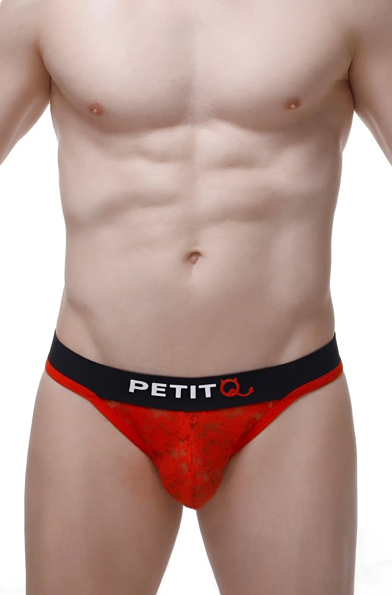 Red lace mens briefs with black petitq waistband featuring intricate lace detail in thong maulay lace red design
