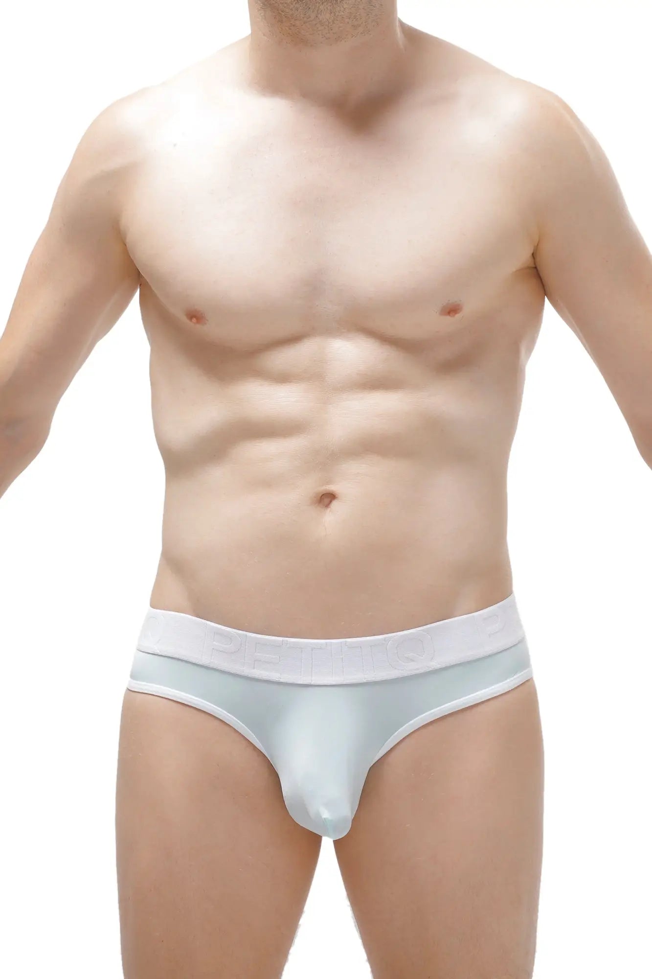 Light blue glossy men’s briefs with white elastic waistband from thong méditerranée plum teal collection