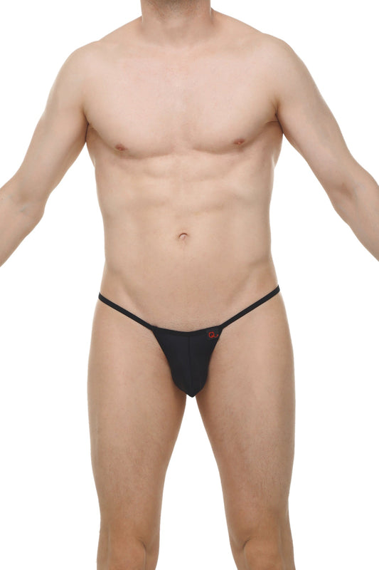 Black thong migny plum with thin elastic waistband and small red logo on the front made of soft fabric