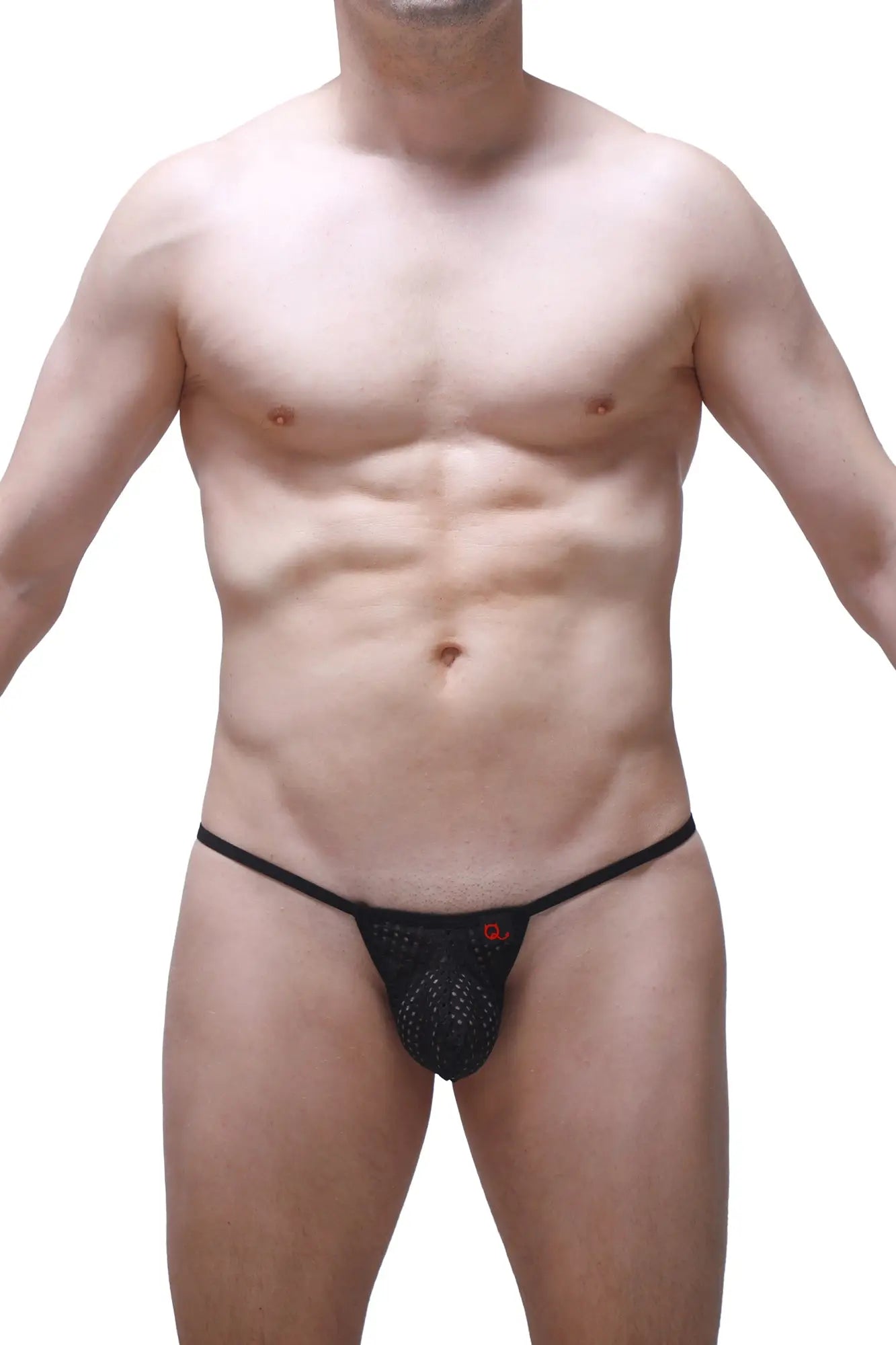 Black mesh thong migny durtol with a small red logo on the front for a stylish lingerie look