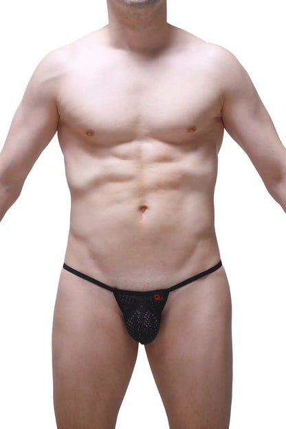 Black mesh thong migny durtol with a small red logo on the front for a stylish lingerie look