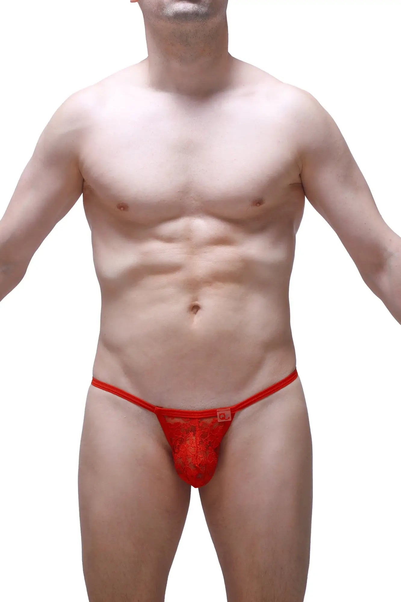 Red lace thong migny lace red featuring a floral pattern and small square logo on the waistband