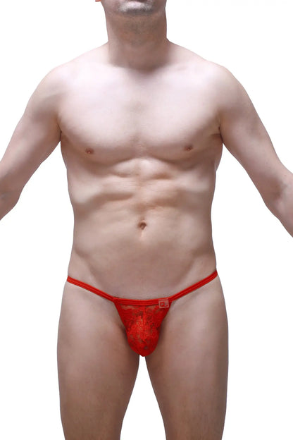 Red lace thong migny lace red featuring a floral pattern and small square logo on the waistband