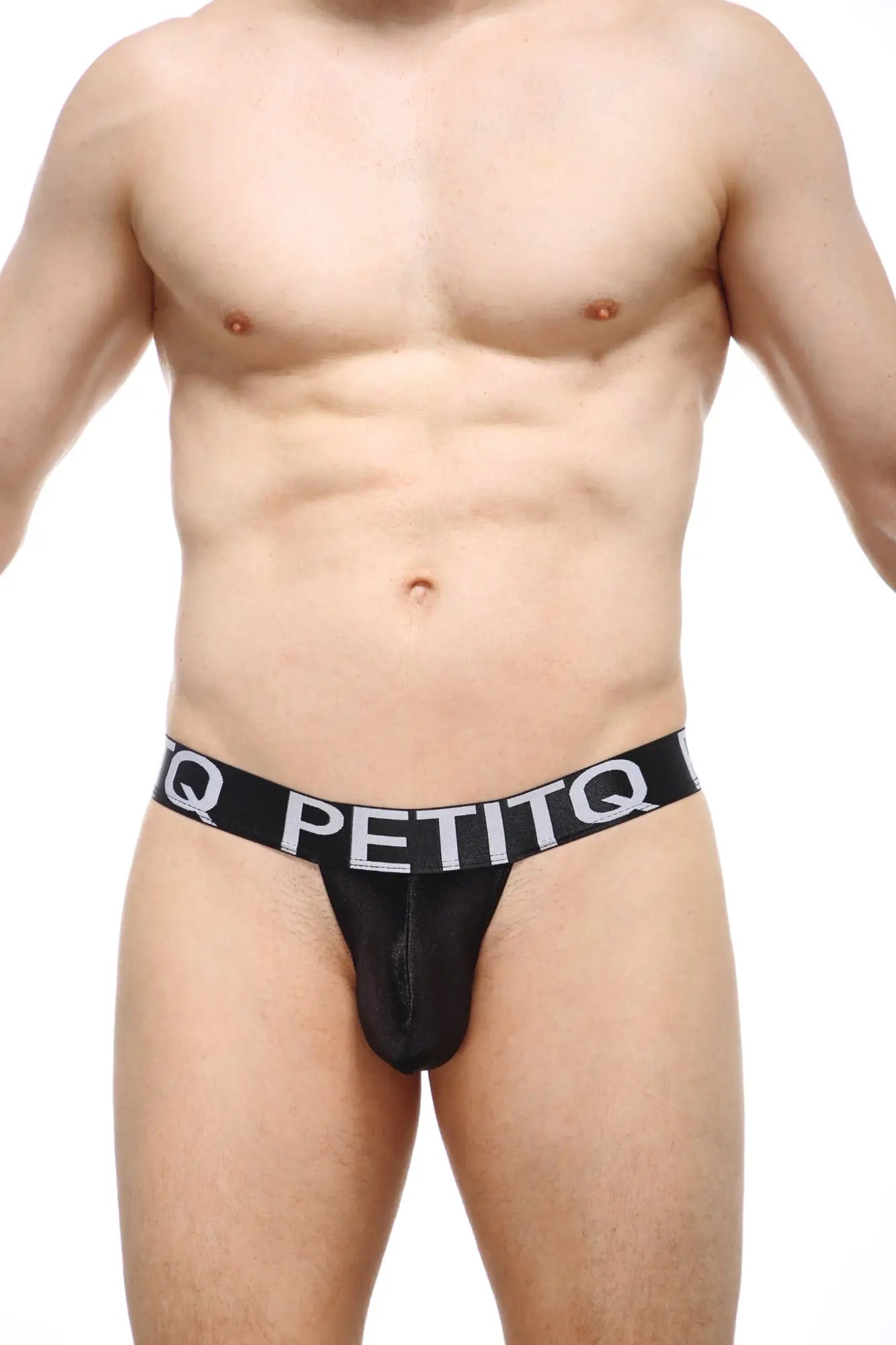 Black petitq thong migny satin black jockstrap with wide waistband featuring white lettering